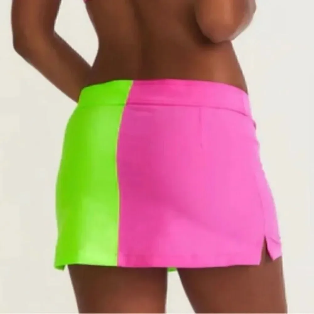 NWT LoveShackFancy X Hurley Solid Blocked Boardie Skirt neon pink green swimsuit